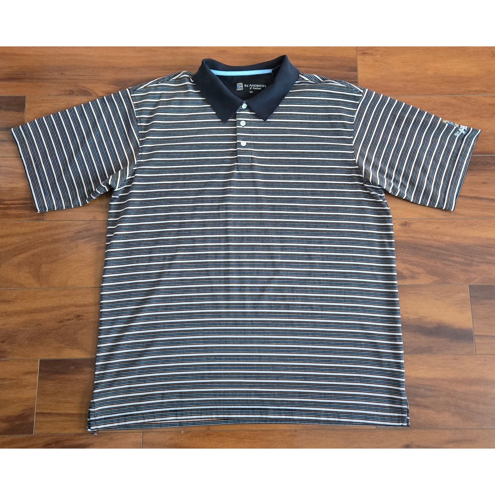 St Andrews of Scotland Mens XL Polo Shirt Black Striped Short Sleeve